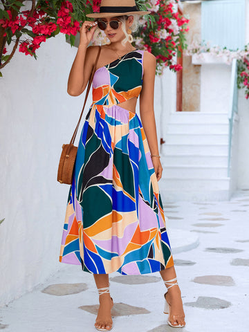 Printed Cutout One-Shoulder Sleeveless Dress - ONLINE ONLY
