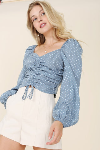 Ruched polka dot crop top with puff sleeves - ONLINE ONLY - SHIPS 1-4 DAYS
