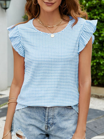Plaid Ruffled Round Neck Cap Sleeve T-Shirt - ONLINE ONLY