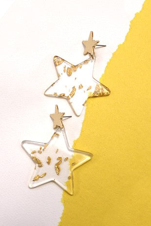 DOUBLE STAR WITH ACRYLIC GOLD FOIL DROP EARRINGS - IN-STORE