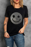 Rhinestone Smiley Round Neck Short Sleeve T-Shirt - ONLINE ONLY - 7-10 SHIPPING