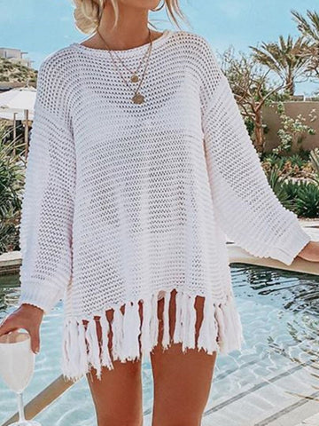 Double Take Openwork Tassel Hem Long Sleeve Knit Cover Up - ONLINE ONLY
