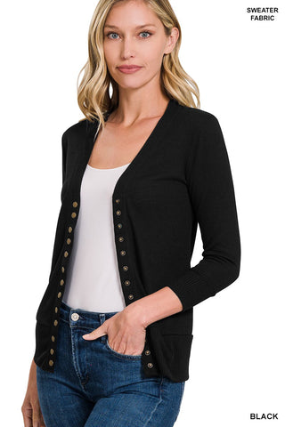 SNAP BUTTON SWEATER CARDIGAN 3/4 SLEEVE- Black