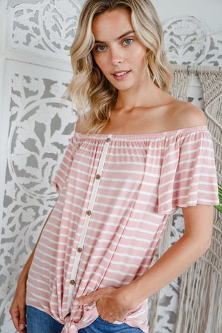 STRIPE OFF SHOULDER BUTTON DOWN TOP - ONLINE ONLY - SHIPS 1-4 DAYS
