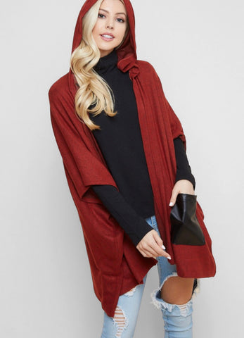 Hooded Poncho Cardigan with Pocket