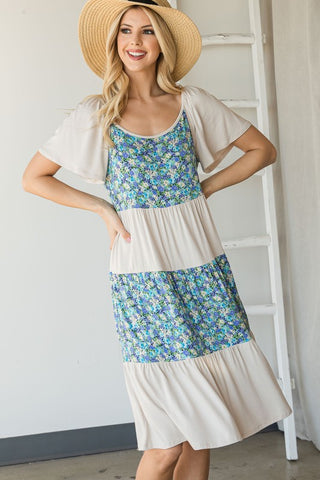 FLORAL TIERED COLOR BLOCK DRESS - IN STORE