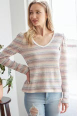 Striped V-Neck Long Sleeve Top- IN-STORE