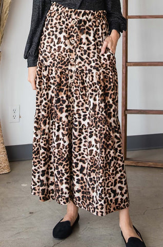 Leopard Print Maxi Skirt with Button Detail- IN-STORE