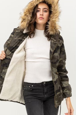 Camouflage Fleece Lined Faux Fur Hooded Jacket- IN-STORE