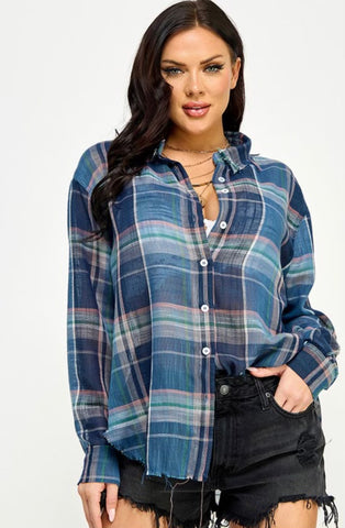 Plaid Distressed Button Down