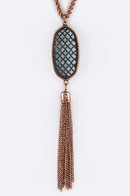 Bronze Tassel and Clover Laser Cut Tag Pendant Necklace- IN-STORE