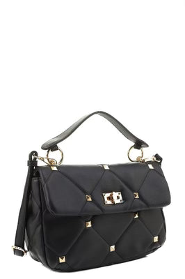 Stud Accent Quilted Flap Satchel Shoulder Bag - Black or Apricot- IN-STORE
