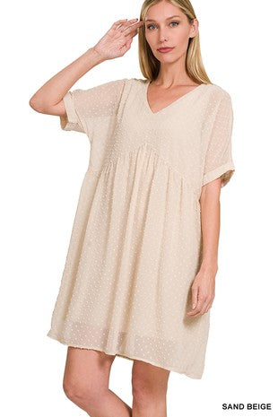 SWISS DOT BABYDOLL V-NECK SHORT SLEEVE DRESS - IN-STORE