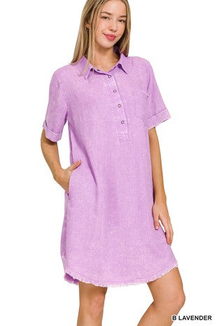 WASHED LINEN RAW EDGE BUTTON DOWN V-NECK DRESS - IN-STORE