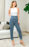 Pin Striped Paperbag Waist Chambray Denim Jeans With 2 Button Zip Fly Closure And Cuffed Hem In Blue & White