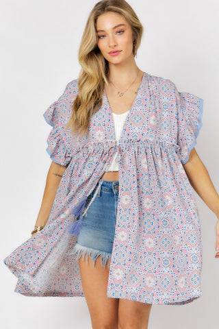 Printed Short Sleeve Ruffle Kimono - ONLINE ONLY- 1-4 DAYS SHIPPING