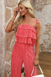 Layered Tie Shoulder Top and Wide Leg Pants Set - ONLINE ONLY