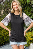 Leopard Lace Trim Ribbed Round Neck Top- ONLINE ONLY 2-10 DAY SHIPPING