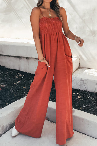 Smocked Spaghetti Strap Wide Leg Jumpsuit - ONLINE ONLY