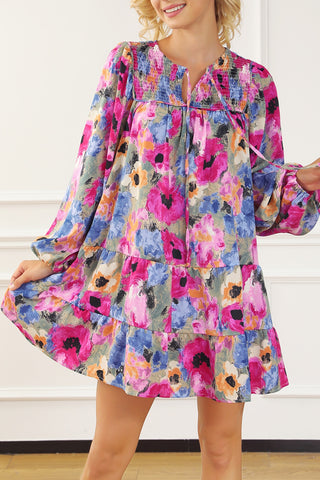 Printed Tie Neck Long Sleeve Mini Dress - ONLINE ONLY
