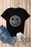 Rhinestone Smiley Round Neck Short Sleeve T-Shirt - ONLINE ONLY - 7-10 SHIPPING