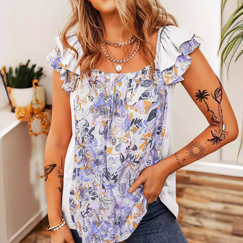 Ruffled Floral Square Neck Cap Sleeve Blouse - ONLINE ONLY