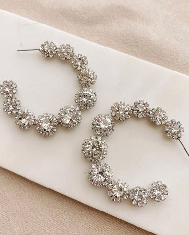 Silver Flower Rhinestone Hoop Earrings - In Store