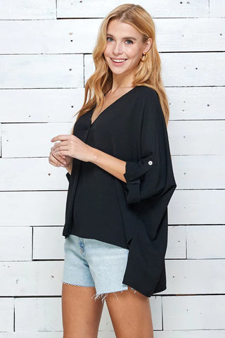 Black Oversized 3/4 Sleeve Woven Top- IN-STORE