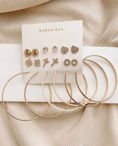 Gold Stud/Hoop 9 Piece Earring Set - In Store