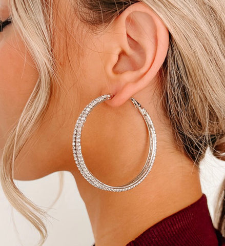 Silver Rhinestone Double Hoop Earrings - In Store