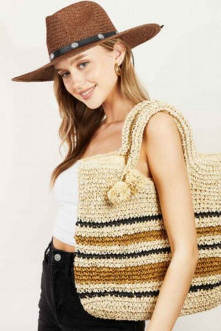 Fame Striped Straw Braided Tote Bag - ONLINE ONLY