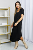 HYFVE V-Neck Short Sleeve Curved Hem Dress in Black- ONLINE ONLY 2-10 DAY SHIPPING