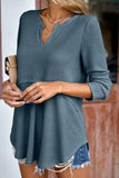 Waffle-Knit Notched Long Sleeve Blouse