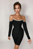 Off-Shoulder Long Sleeve Mini Dress with Rhinestone Detail- ONLINE ONLY 2-10 DAY SHIPPING