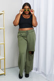 Zenana Full Size Drawstring Waist Distressed Wide Leg Pants in LT Olive- ONLINE ONLY 2-10 DAY SHIPPING