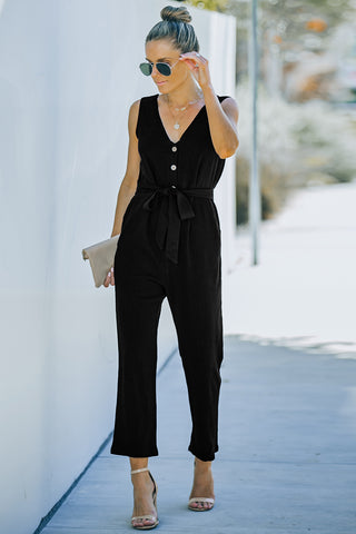 V-Neck Tie Waist Sleeveless Jumpsuit- ONLINE ONLY 2-10 DAY SHIPPING