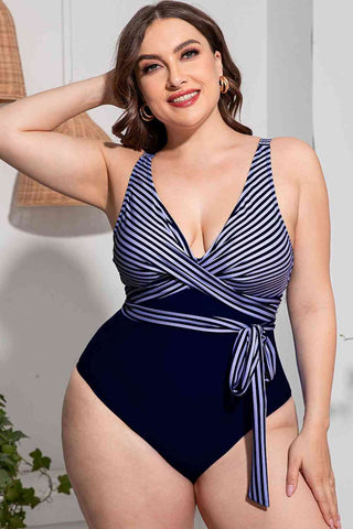 Plus Size Striped Tie-Waist One-Piece Swimsuit - ONLINE ONLY