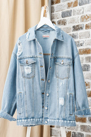 DISTRESSED DENIM BUTTON DOWN JACKET