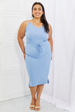 Capella Flatter Me Full Size Ribbed Front Tie Midi Dress in Pastel Blue - ONLINE ONLY 2-7 DAY SHIP