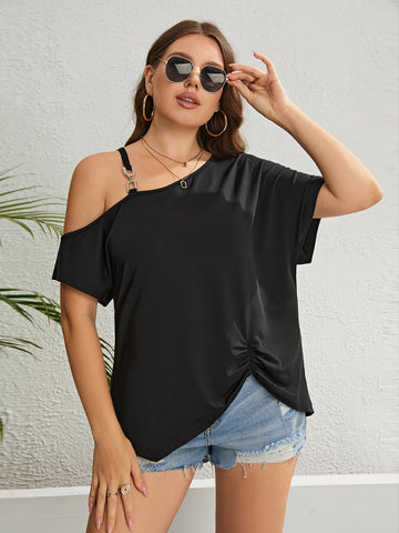 Plus Size Asymmetrical Neck Ruched Short Sleeve Blouse - ONLINE ONLY