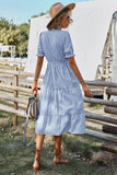 V Neck Short Sleeve Button Striped Ruffled Midi Shirt Dress