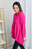 Zenana Bright and Airy Raw Edge Peplum Shirt with Pockets in Hot Pink- ONLINE ONLY 2-10 DAY SHIPPING