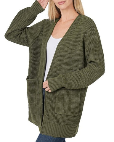 Assorted Waffle Knit Open Cardigan w/ Pockets
