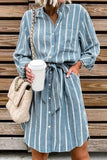 Sky Blue Striped Shirt Midi Dress with Sash - In Store