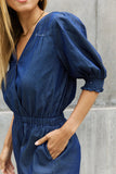 ODDI Full Size Puff Sleeve Denim Romper- ONLINE ONLY 2-10 DAY SHIPPING