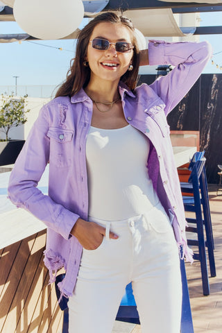 American Bazi Full Size Distressed Button Down Denim Jacket in Lavender- ONLINE ONLY 2-10 DAY SHIPPING
