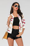 Printed Zip-Up Three-Quarter Sleeve Bomber Jacket- ONLINE ONLY 2-10 DAY SHIPPING