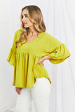 Celeste Look At Me Full Size Flowy Ruffle Sleeve Top in Lime- ONLINE ONLY- 2-7 DAY SHIPPING