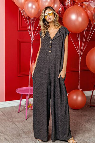 BiBi Checkered Cap Sleeve Wide Leg Jumpsuit with Pockets- ONLINE ONLY