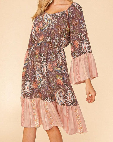 Ethnic Paisley Color Block Bell Sleeve Dress - In Store